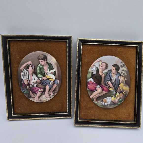 Other - 2 Vintage Murillo Bone China Miniature Porcelain in Frame Children‎ Eating